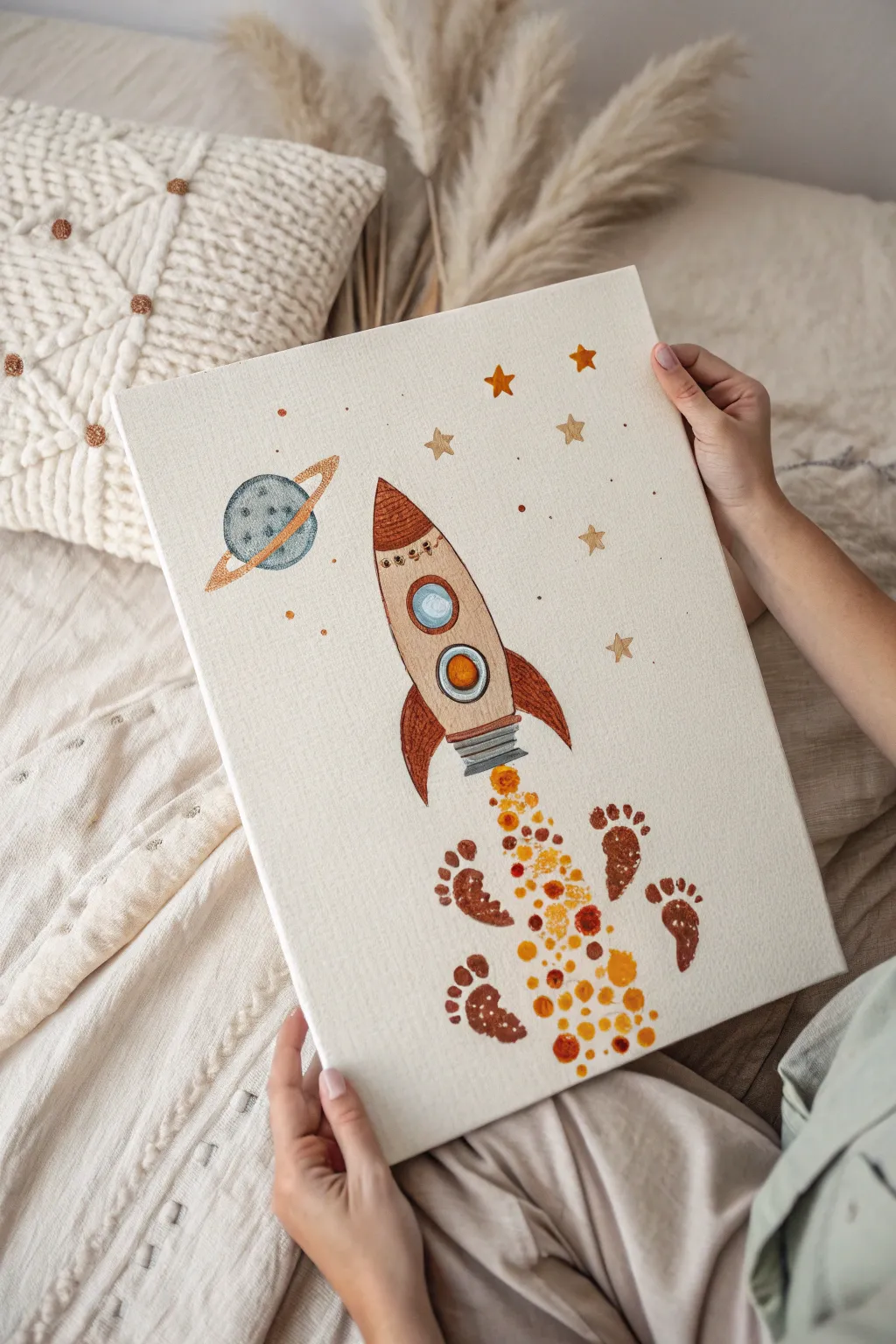Blast off to the stars with this whimsical footprint rocket ship adventure!