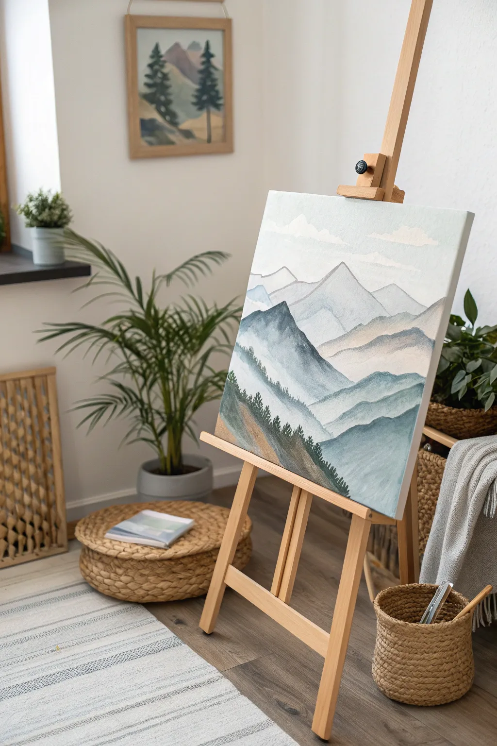 Embrace tranquility with minimalist mountain art in soothing muted tones.