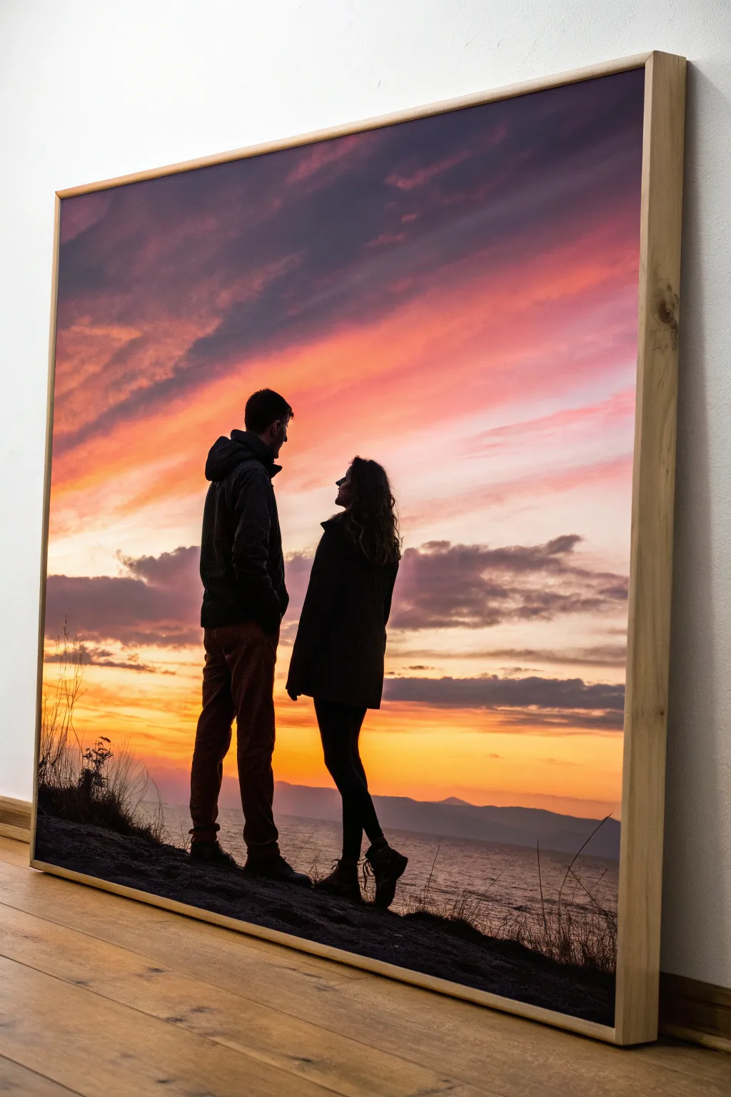 Embrace the beauty of simplicity with a sunset silhouette painting — where love is captured in bold strokes and warm hues.