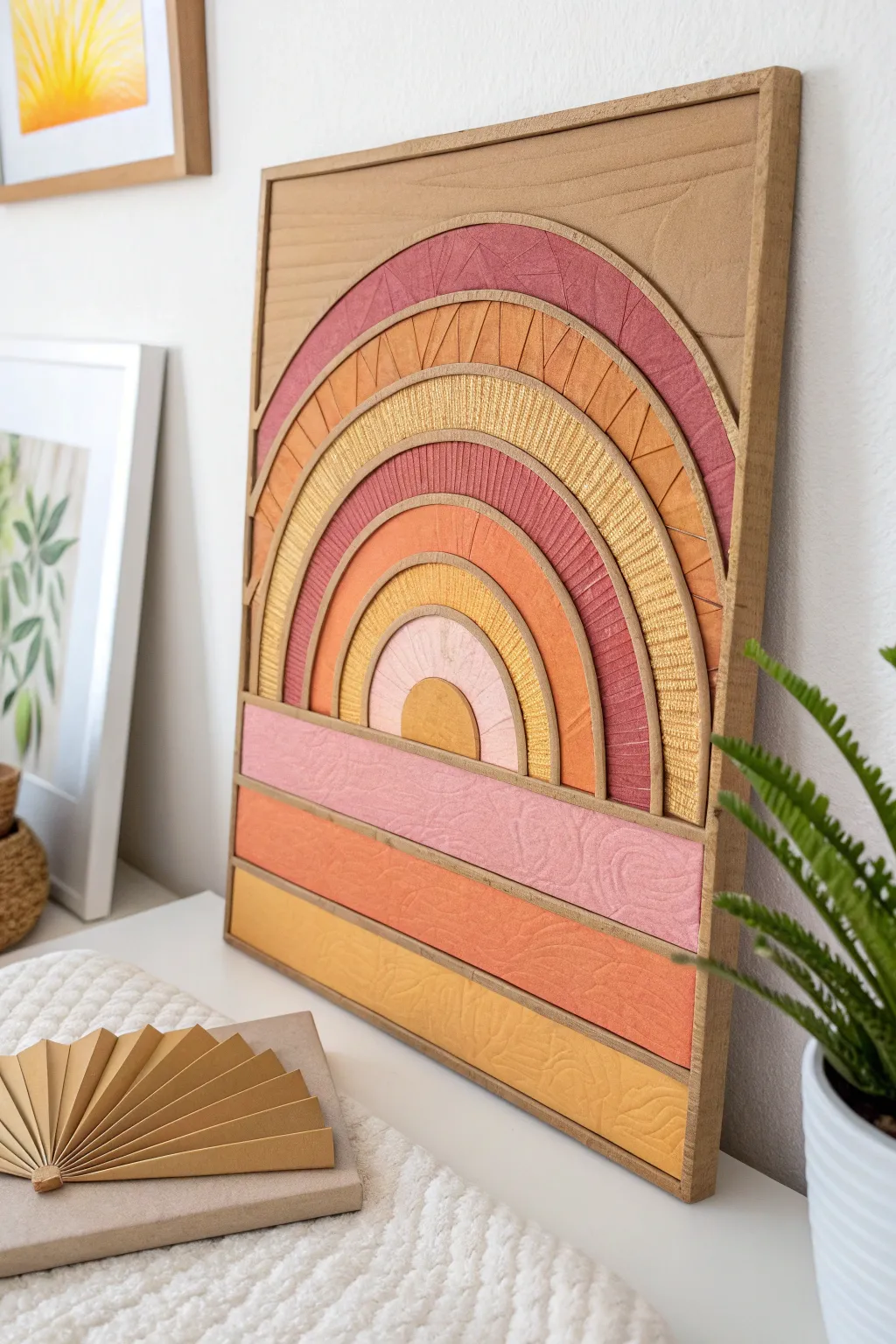 Bring the warmth of a sunset into your home with this serene cardboard relief sculpture.