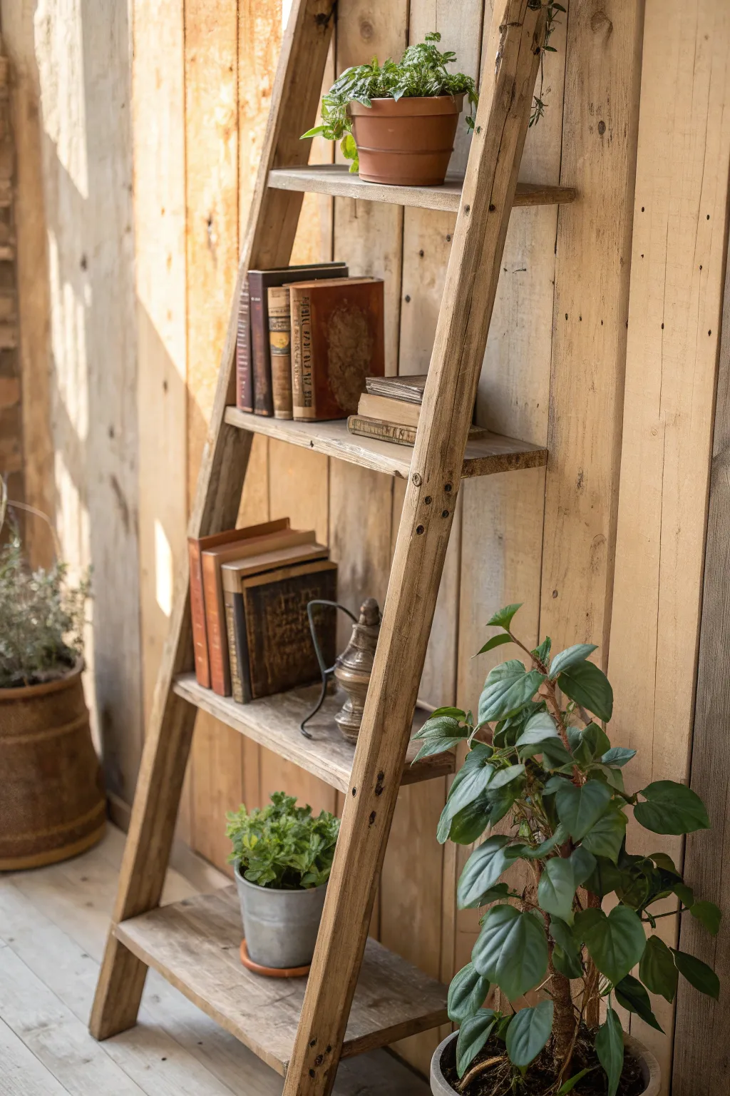 Elevate your space with a handcrafted rustic ladder shelf, where style meets function.