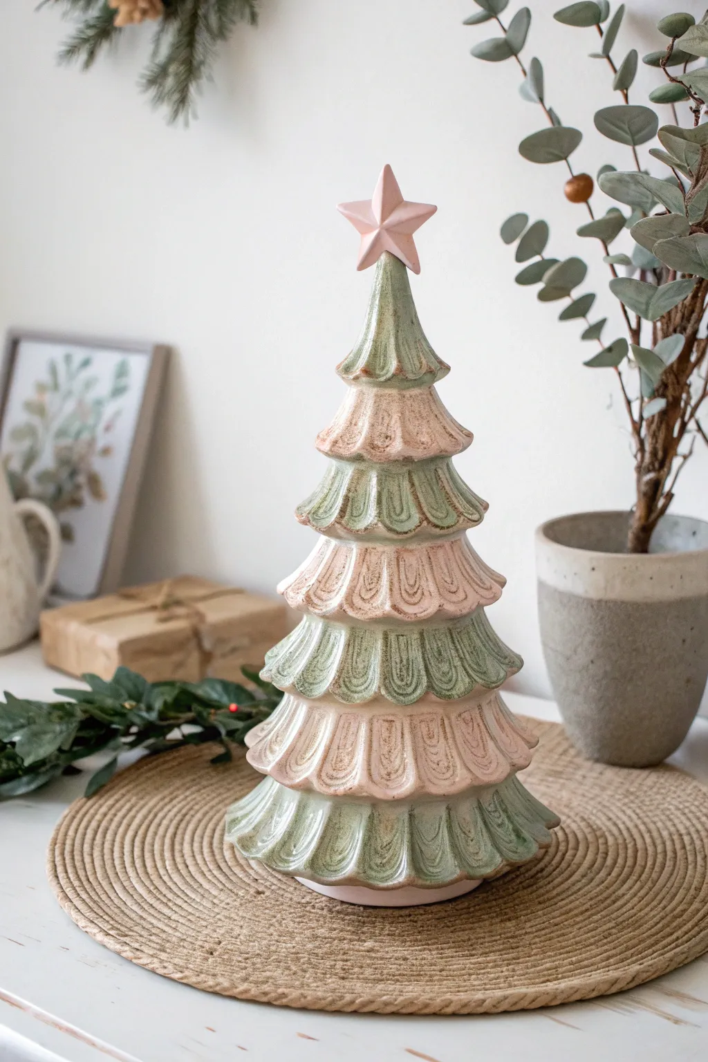 Embrace nostalgia with a vintage-inspired ceramic Christmas tree, where muted hues meet timeless charm.