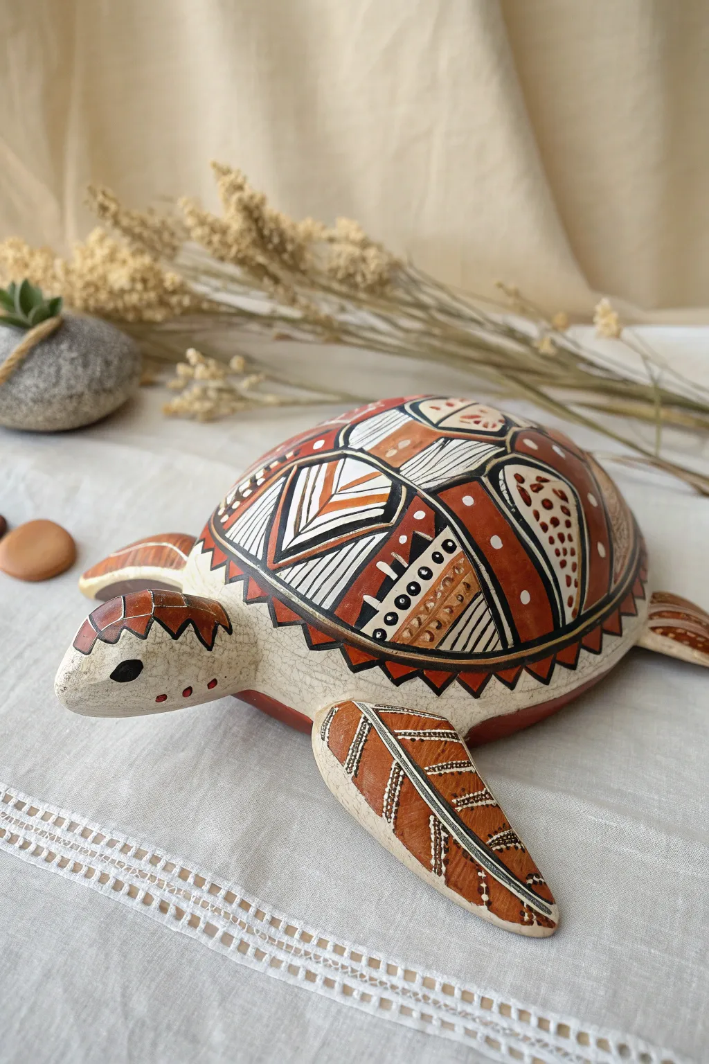 Embrace global traditions with this beautifully painted tribal ceramic turtle.