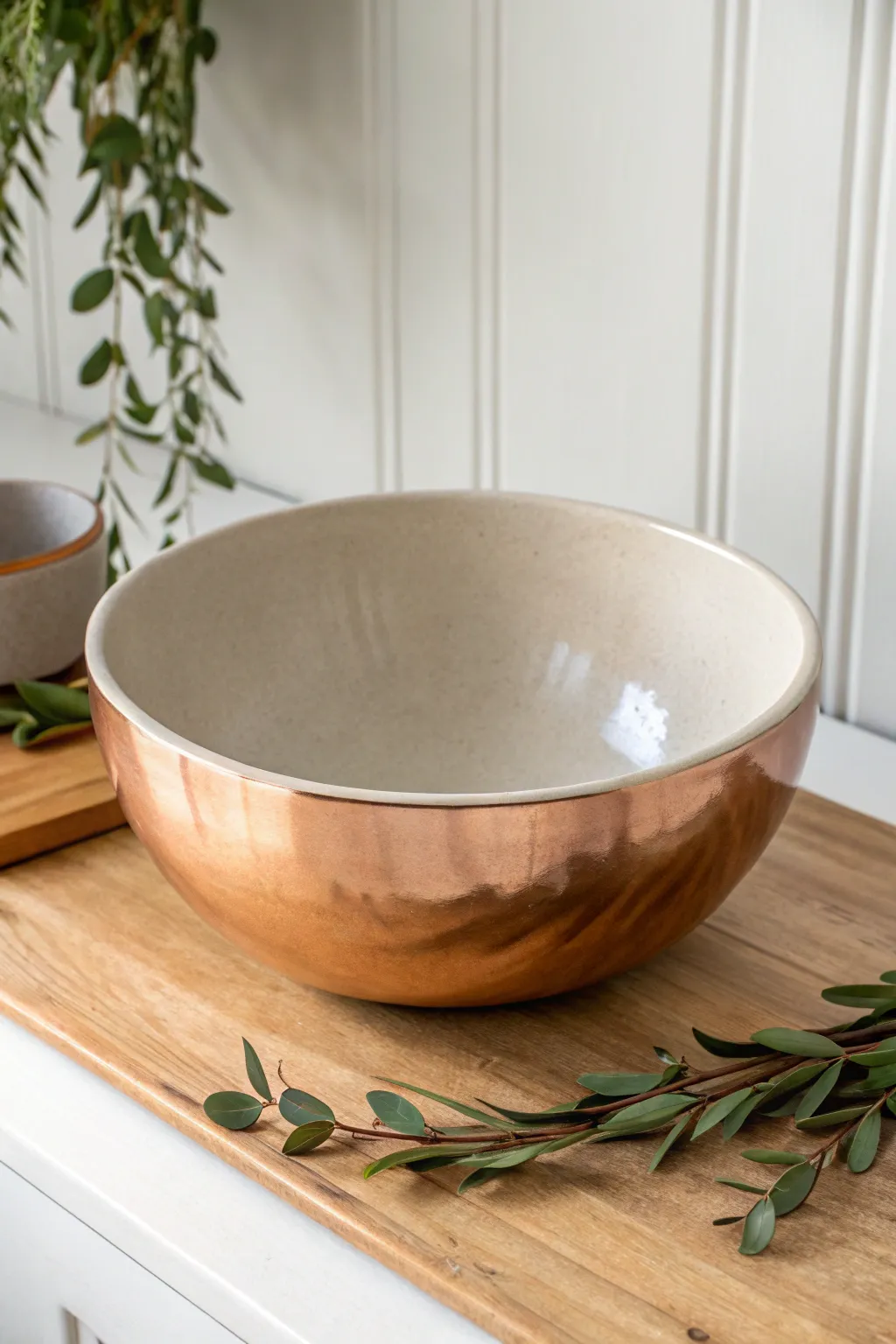 Discover the beauty of mixed materials with this stunning ceramic and copper vessel. Perfect for minimalist decor lovers seeking a unique touch.