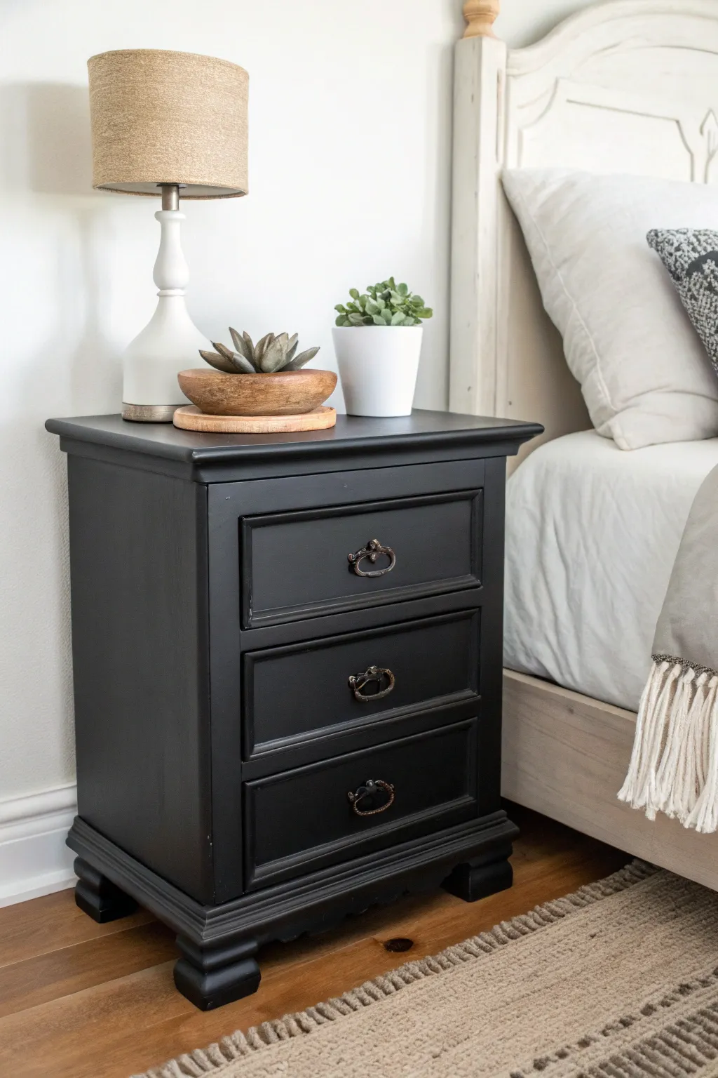 Transform your nightstand into a timeless piece with sleek black chalk paint. Embrace simplicity and elegance. #ChalkPaintBeauty #MinimalistDecor