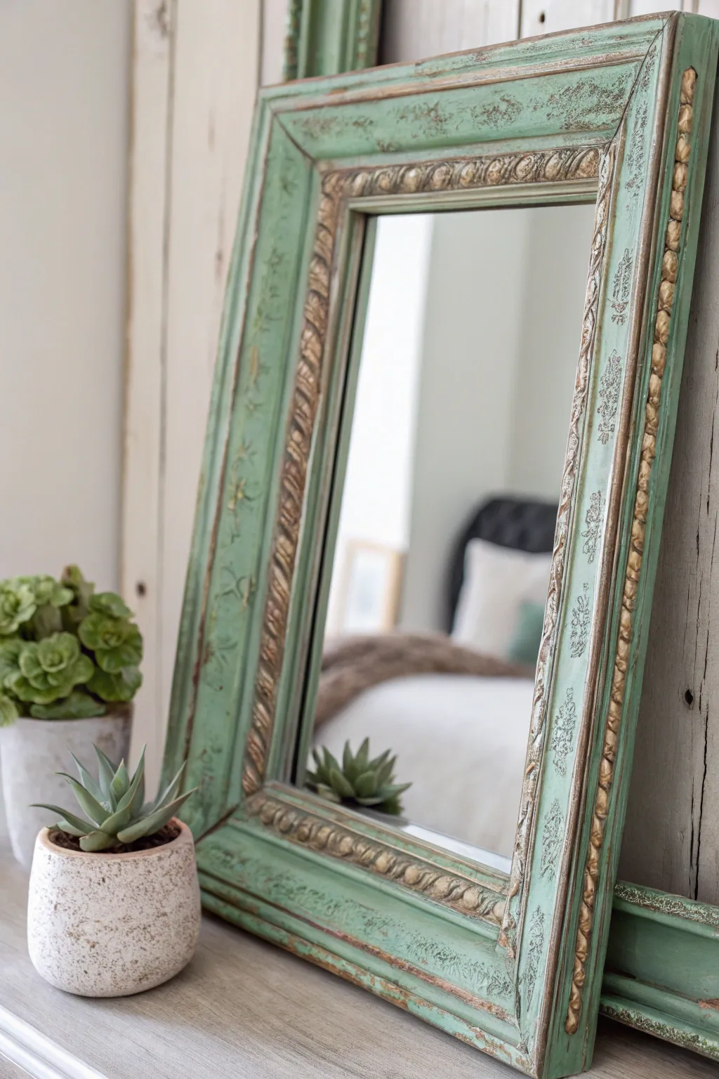 Transform your space with the timeless elegance of a vintage patina mirror frame.