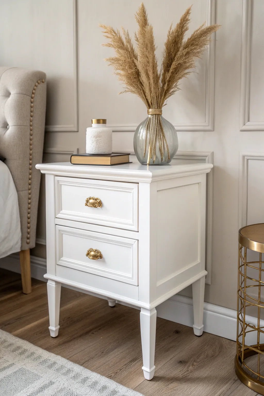Elevate your nightstand with a touch of glam: metallic accents meet minimalist charm.