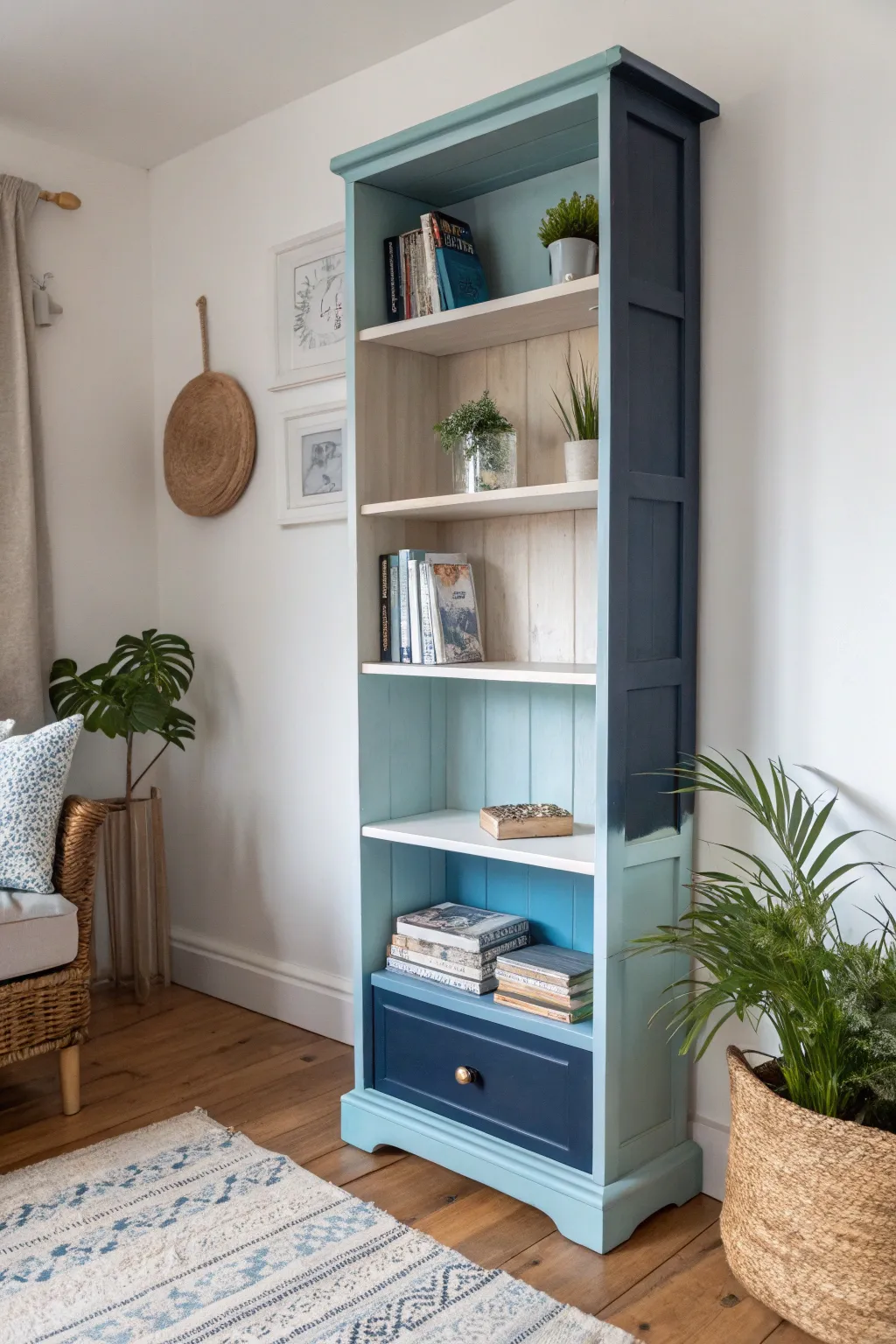 Transform your space with a touch of artistry: Discover the beauty of gradient chalk-painted bookcases!