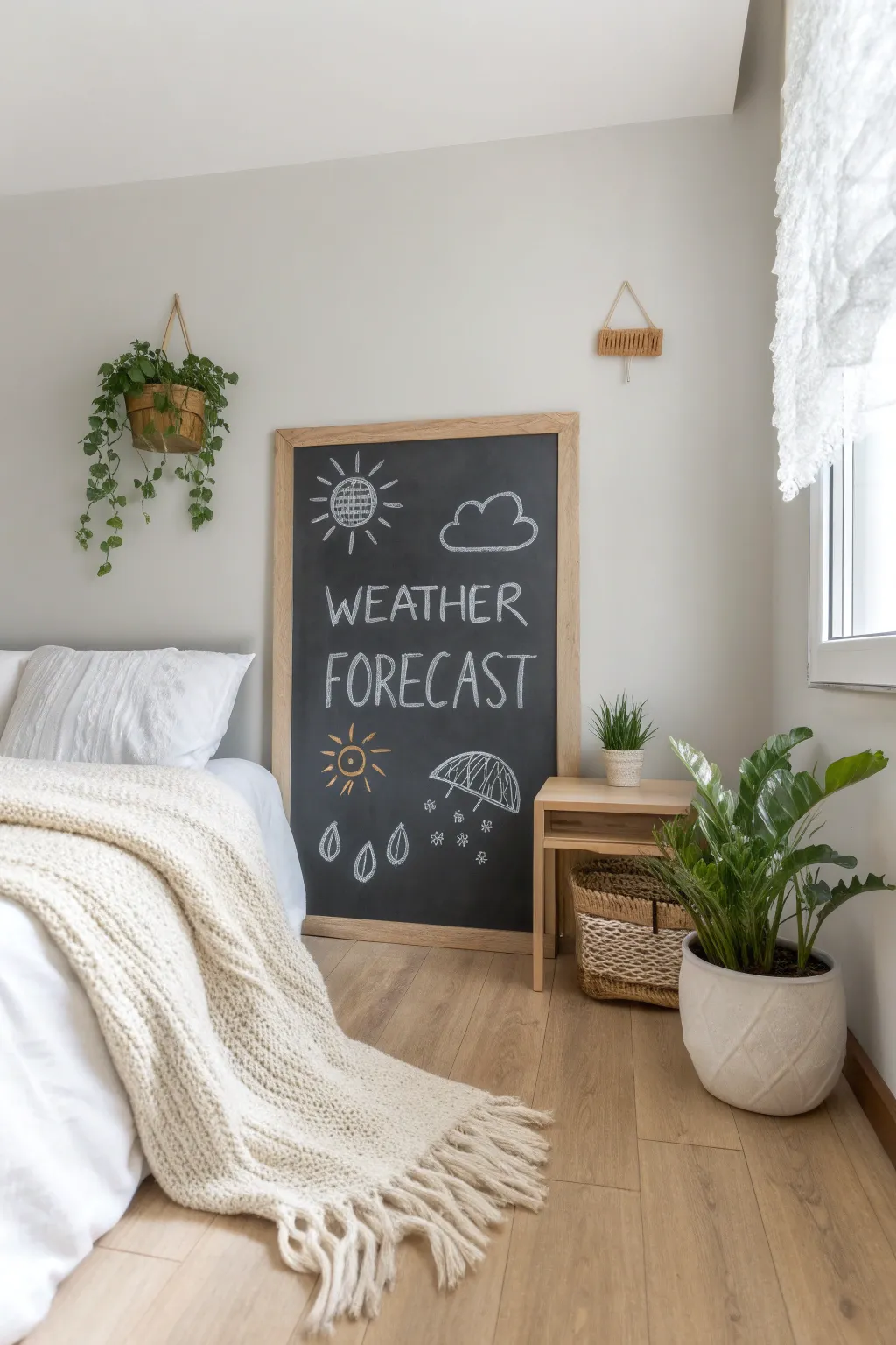 Start your day with style and simplicity: A charming weather forecast board in a minimalist bedroom.