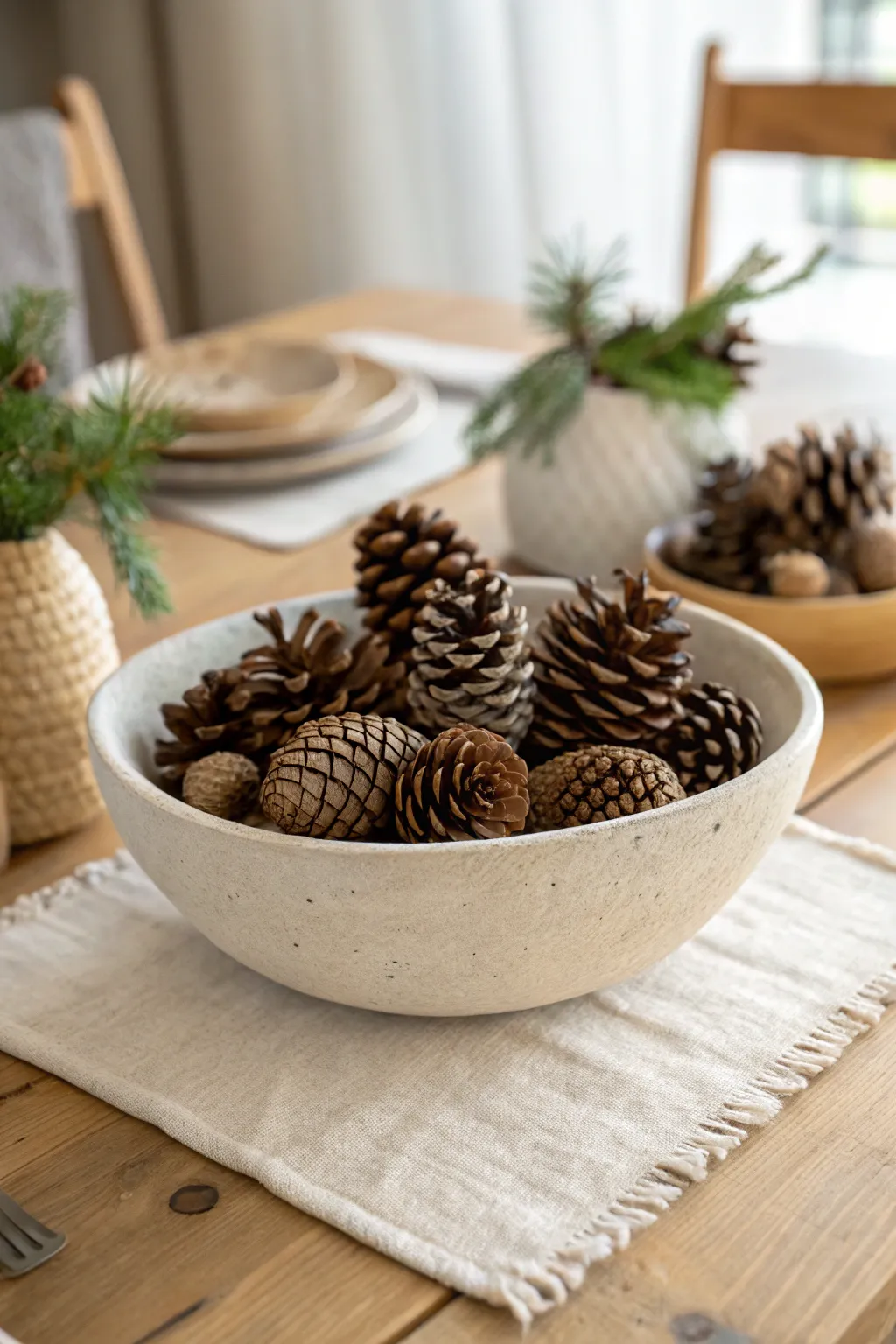 Embrace the season with rustic elegance: Pine Cone Perfection in a Scandinavian setting.