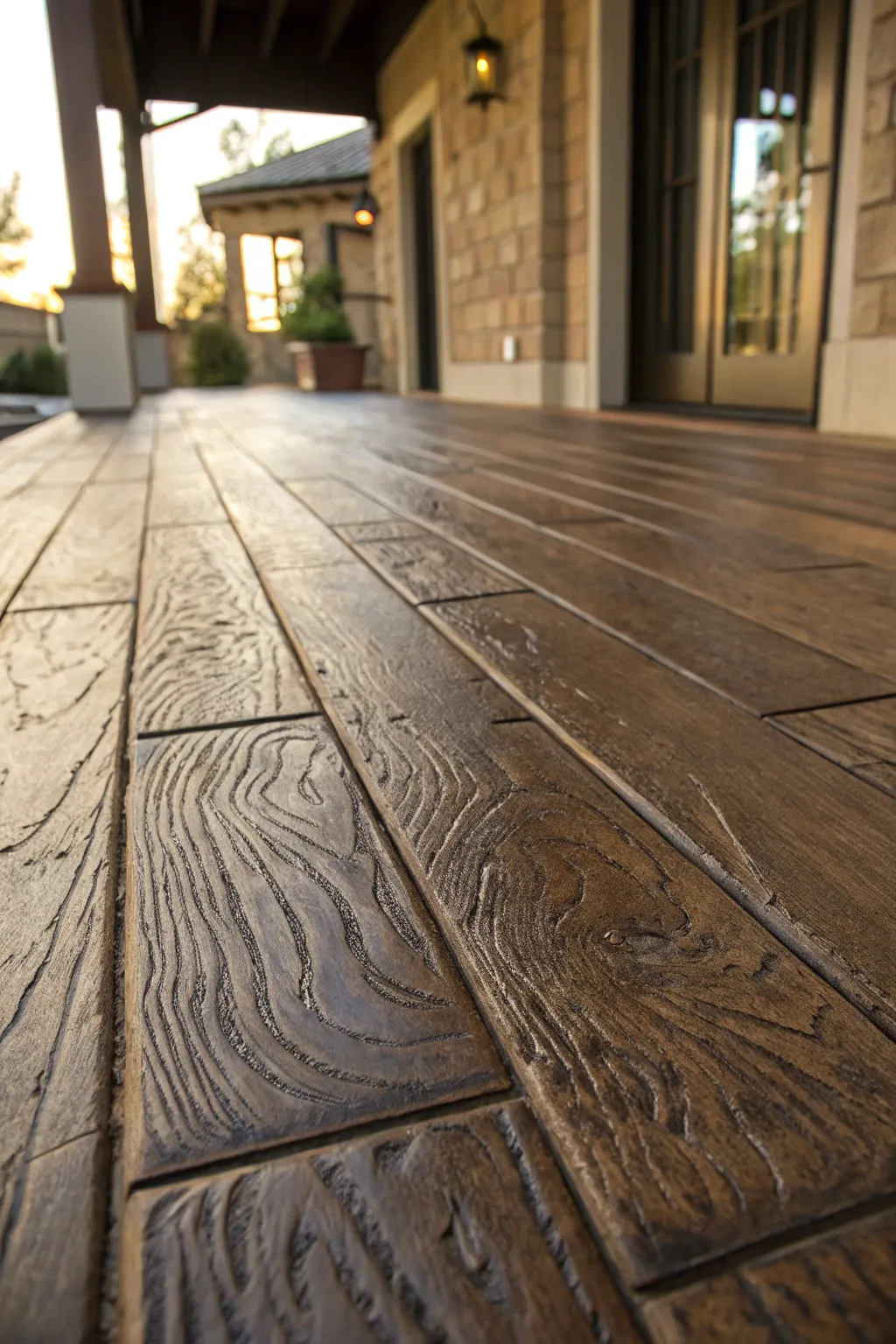 Transform your concrete floors with stunning stamped overlays that mimic the timeless beauty of oak wood.
