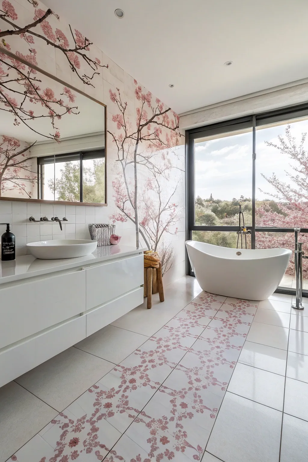 Cherry blossom tiles add a refined touch to this modern bathroom.