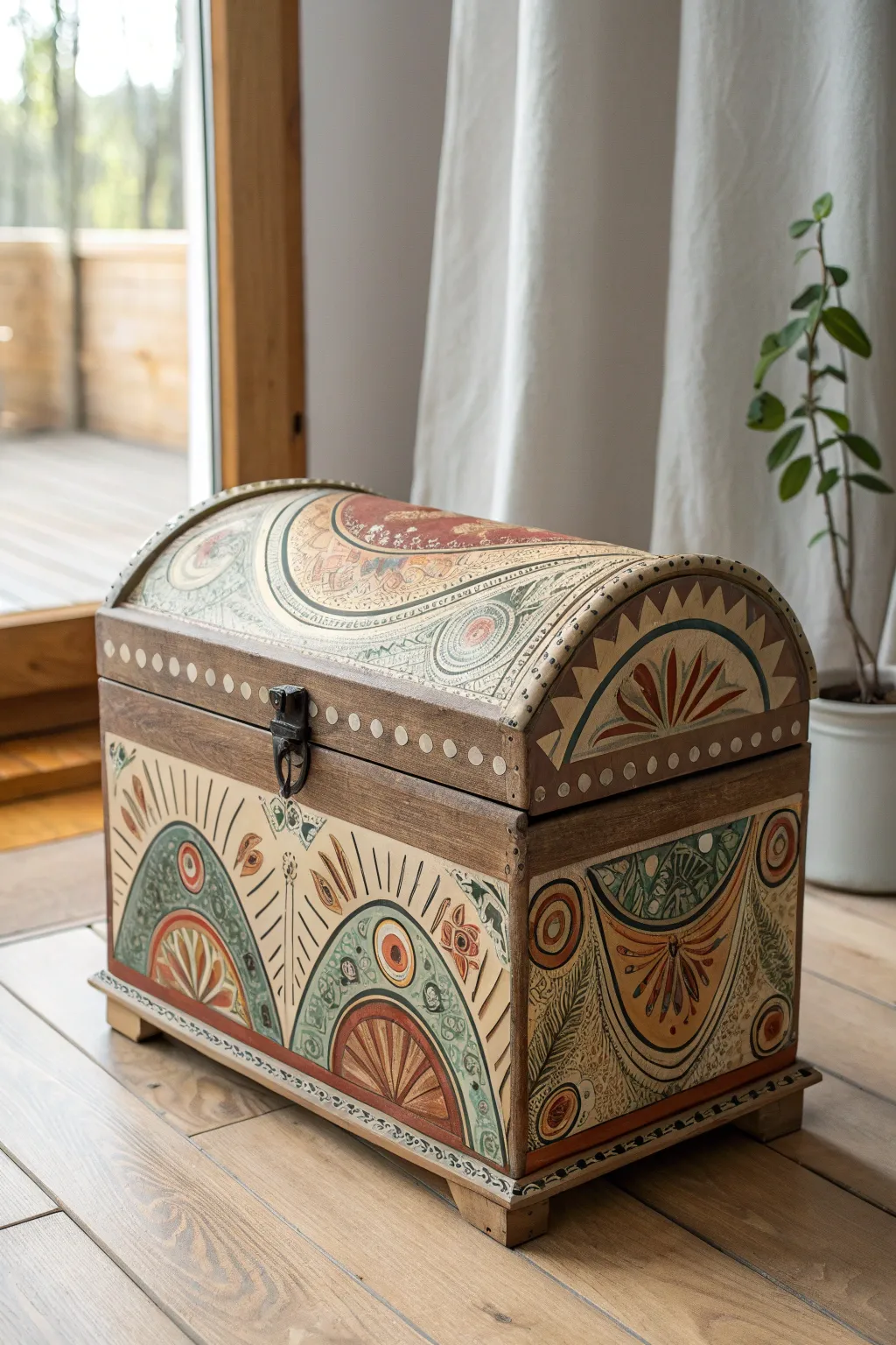 Embrace your bohemian spirit with this stunning hand-painted chest, where artistry meets minimalism.