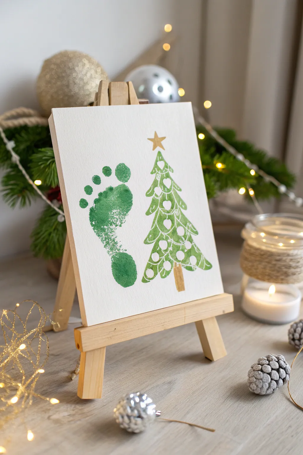 Capture the magic of the holidays with a handmade touch: A footprint tree Christmas card that blends minimalist elegance with boho charm.