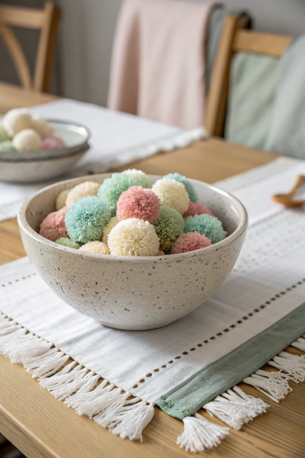 Embrace simplicity and color with a chic pom pom centerpiece this holiday season!