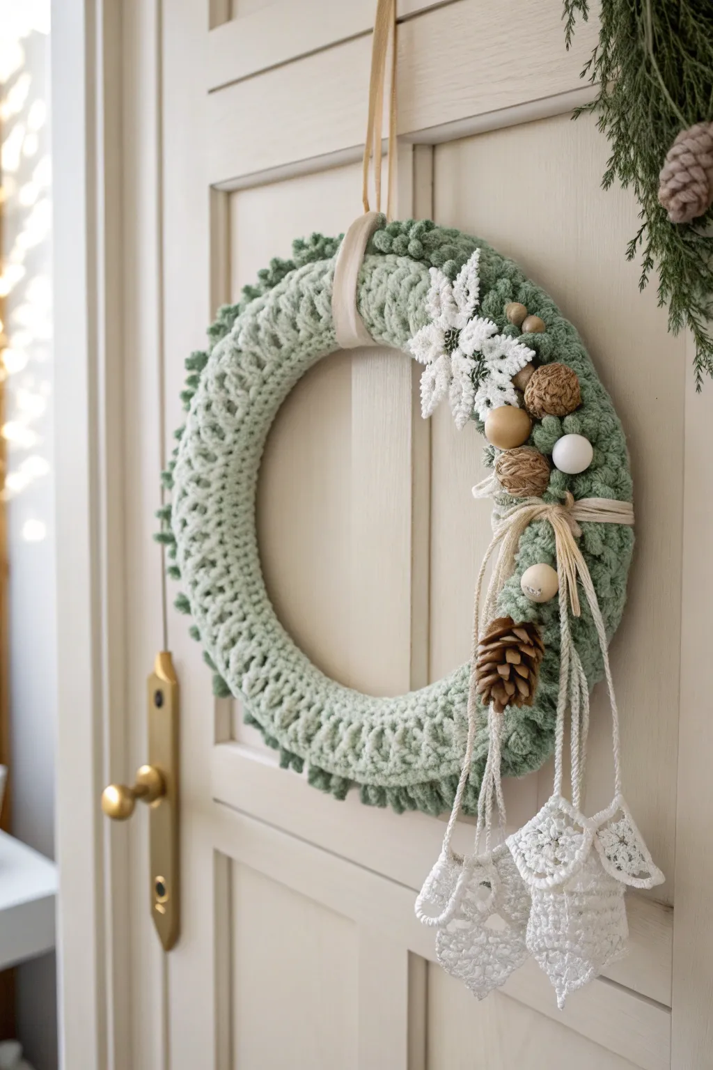 Embrace the beauty of simplicity with this handcrafted crochet Christmas wreath, perfect for adding a touch of cozy elegance to any entrance.
