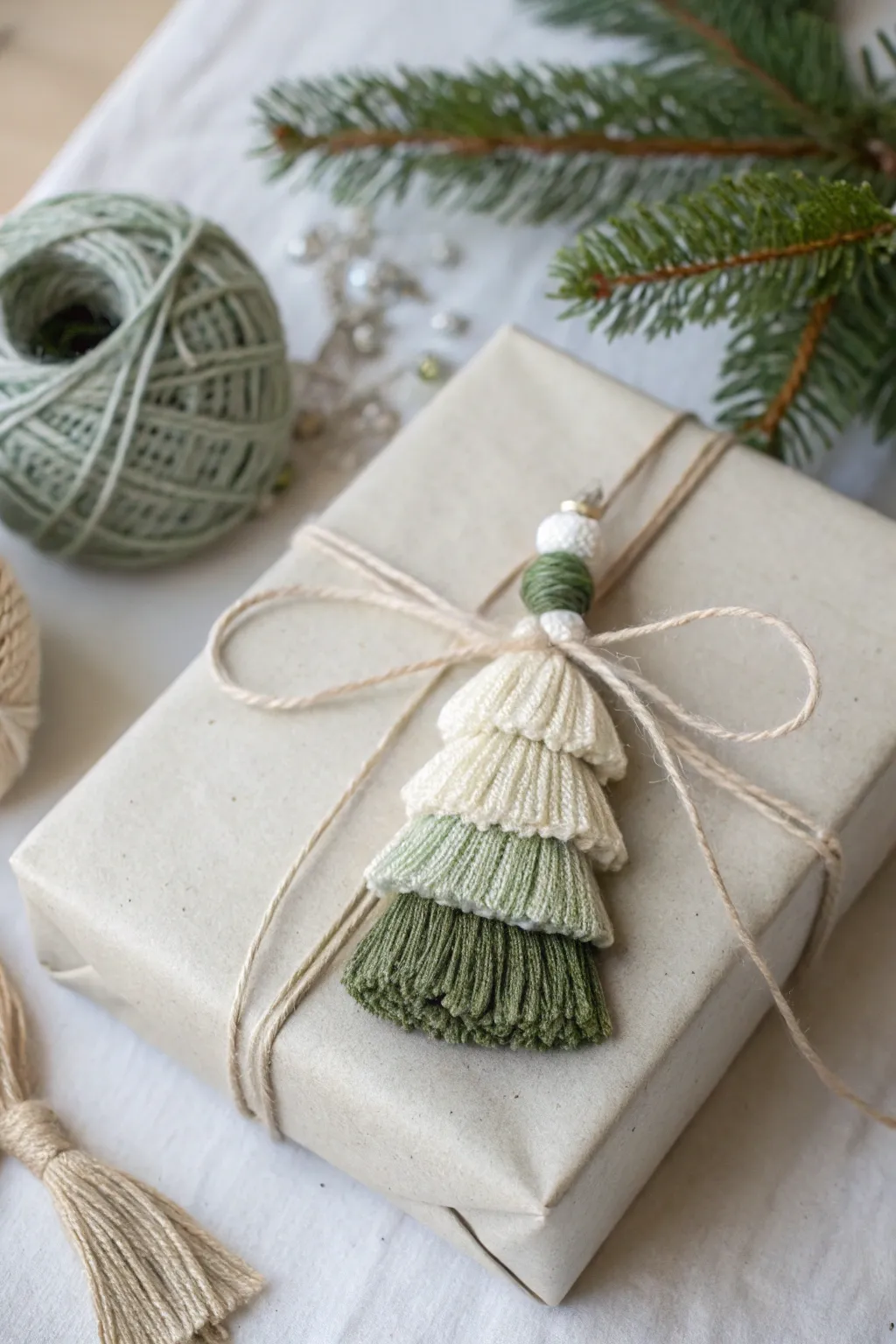 Add a touch of whimsy with a mini tassel tree for an effortlessly chic gift wrap.