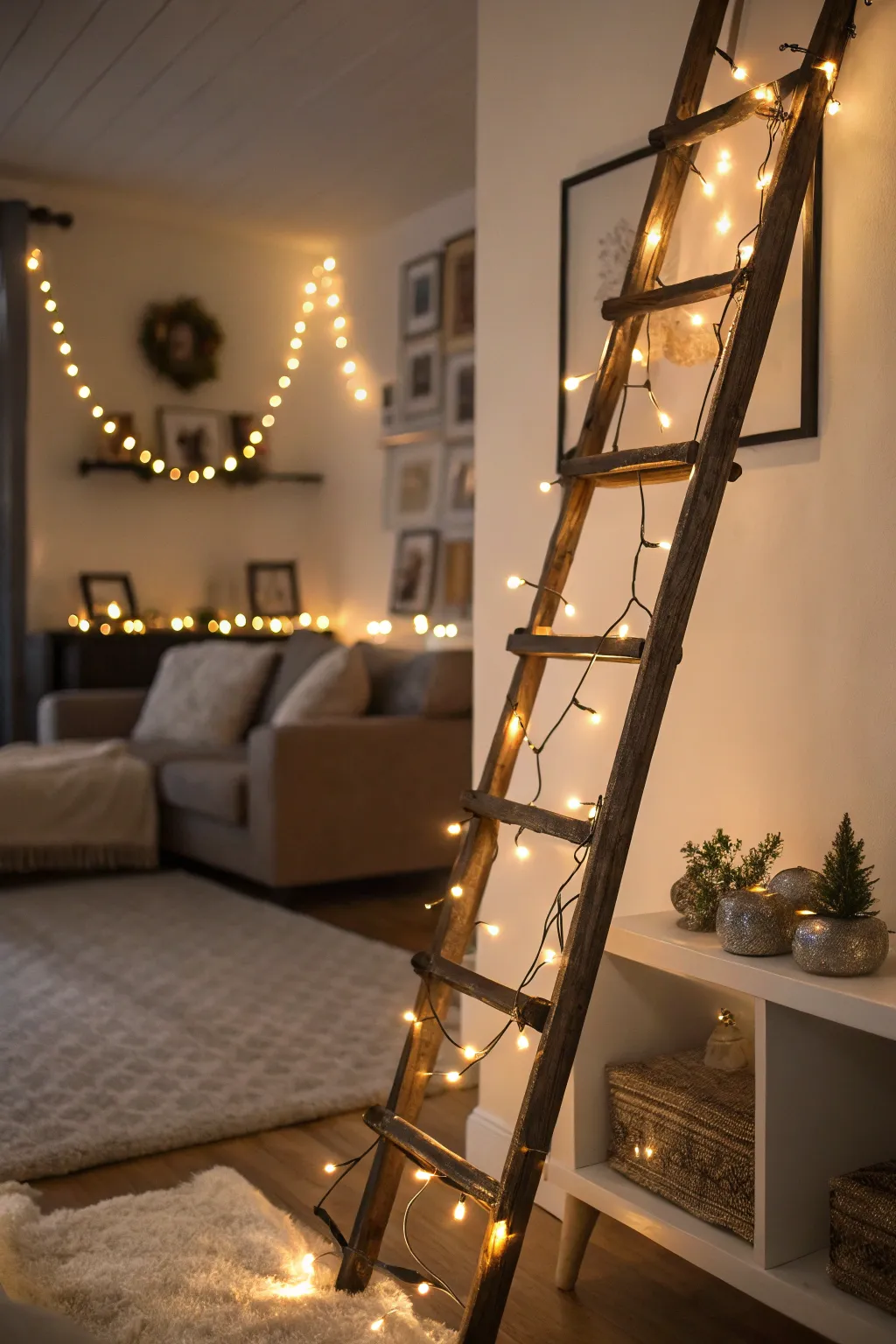 An old ladder becomes a festive feature with the addition of lights.