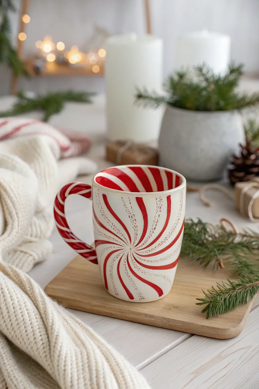 Sip in style with a peppermint swirl mug that captures the festive spirit and minimalist charm.