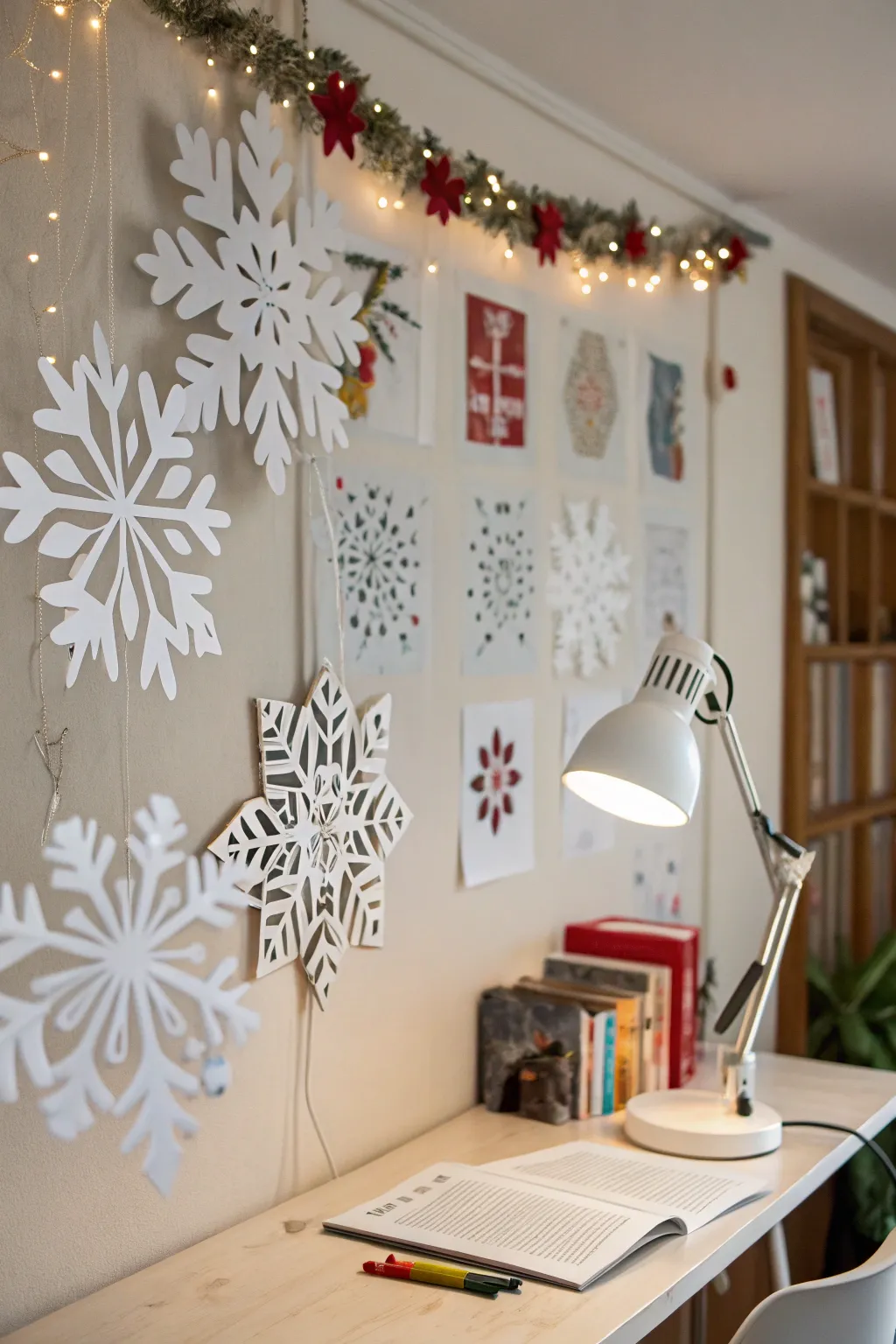 Add a wintery feel with DIY paper snowflakes.