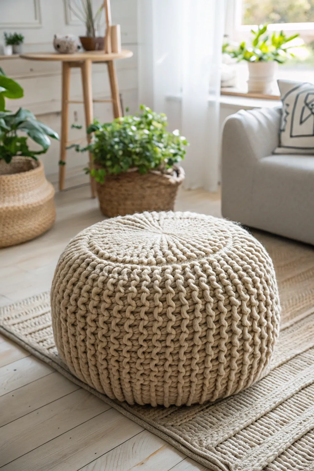Elevate your space with the cozy charm of a chunky knit pouf, where style meets comfort.