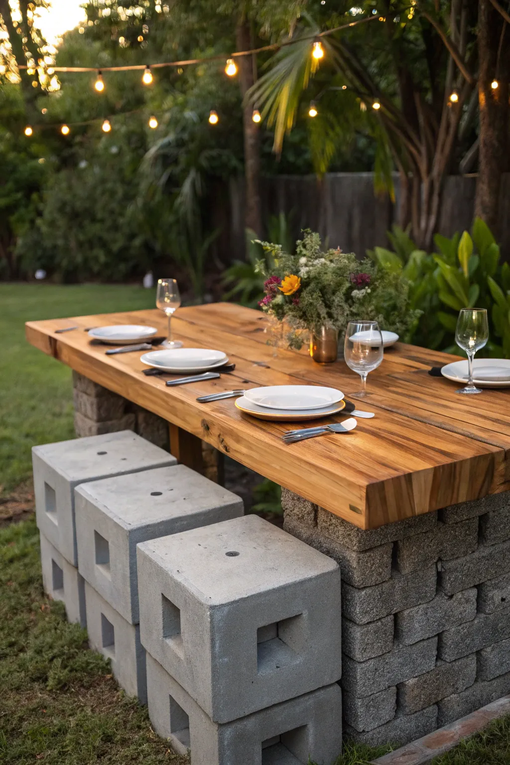 Elevate your alfresco dining experience with this handcrafted cinder block table, perfect for memorable outdoor gatherings.