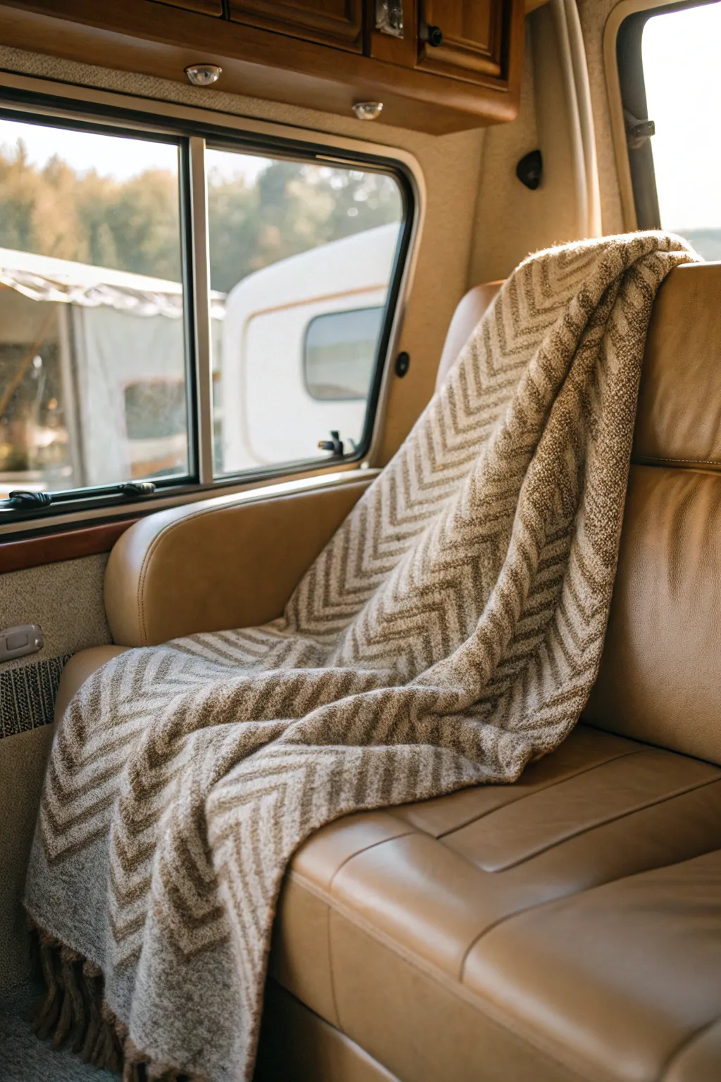 Elevate your RV interior with the timeless elegance of a handcrafted throw, adding both texture and warmth.