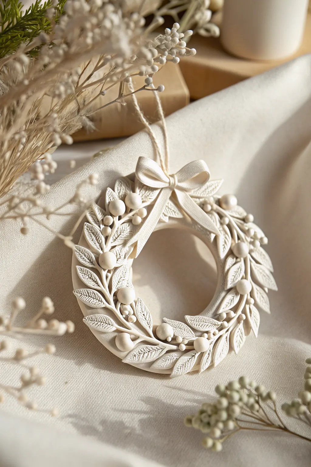 Embrace the season with timeless elegance: handcrafted clay wreath ornaments for a minimalist holiday charm.