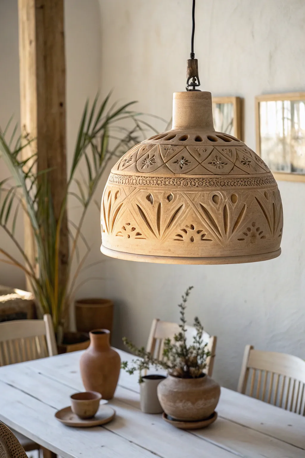 Illuminate your dining space with the artistry of a handmade clay pendant lamp. 🌿✨