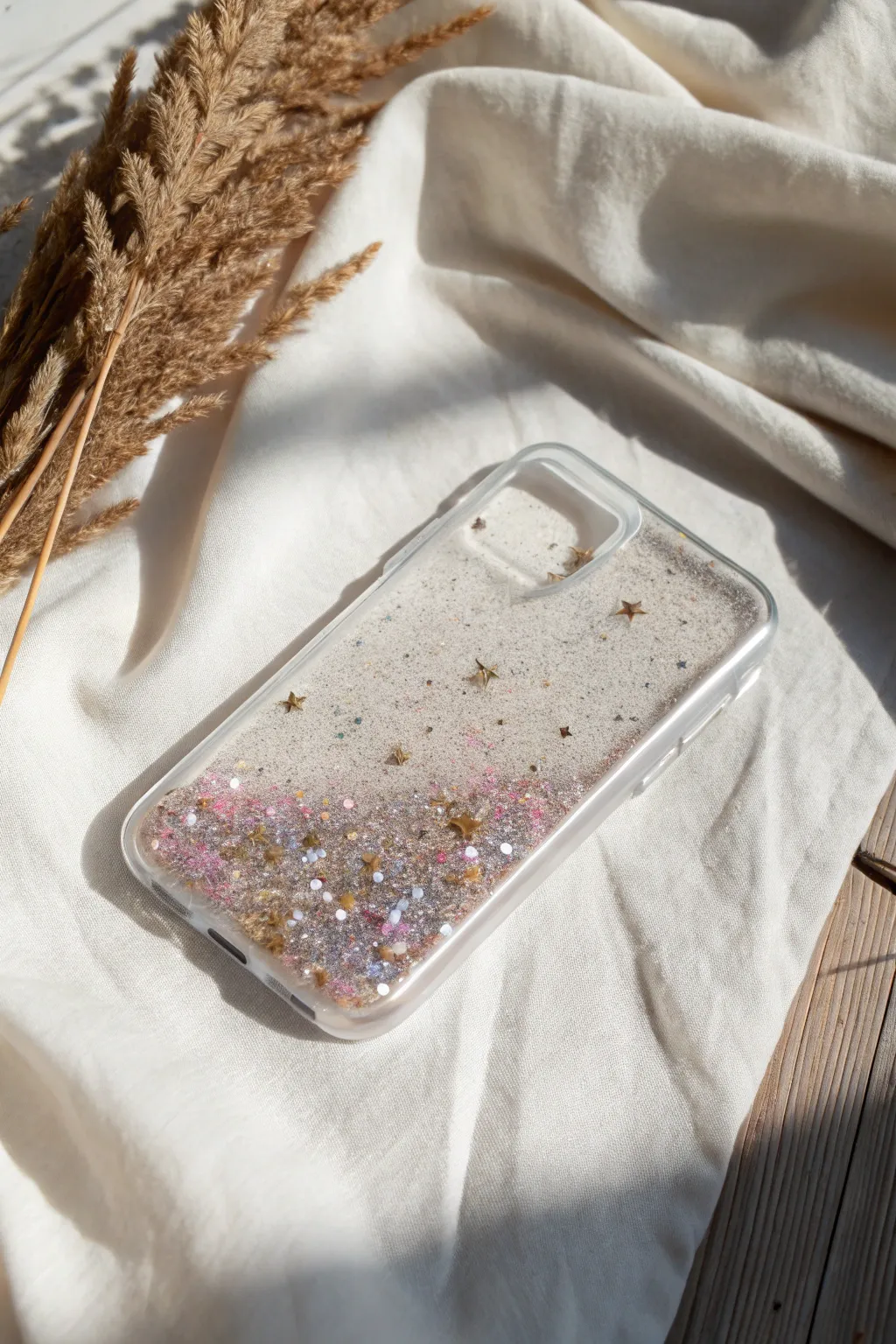 Add a touch of sparkle to your phone with this stunning glitter-filled case, perfect for those who love a blend of minimalism and glam.
