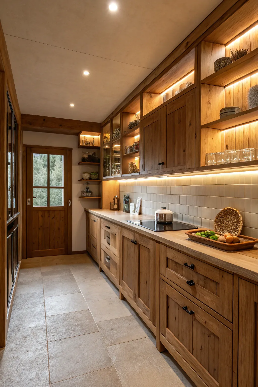 Wooden accents add warmth and coziness to a closed kitchen.