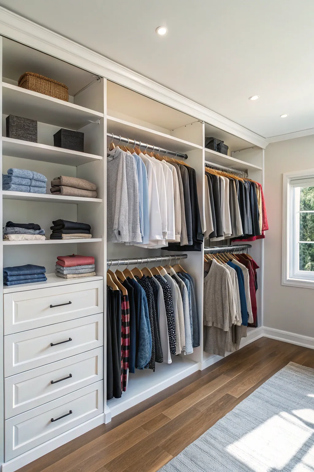 Closet with double rods for increased hanging space.