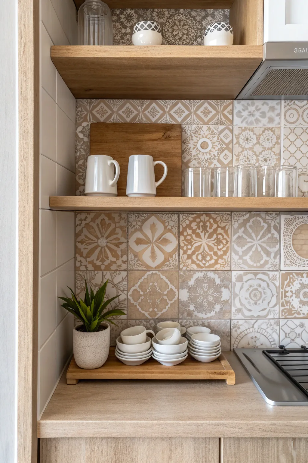 Transform your closet into a chic coffee bar with tiled elegance. #HomeMakeover #ScandiBoho
