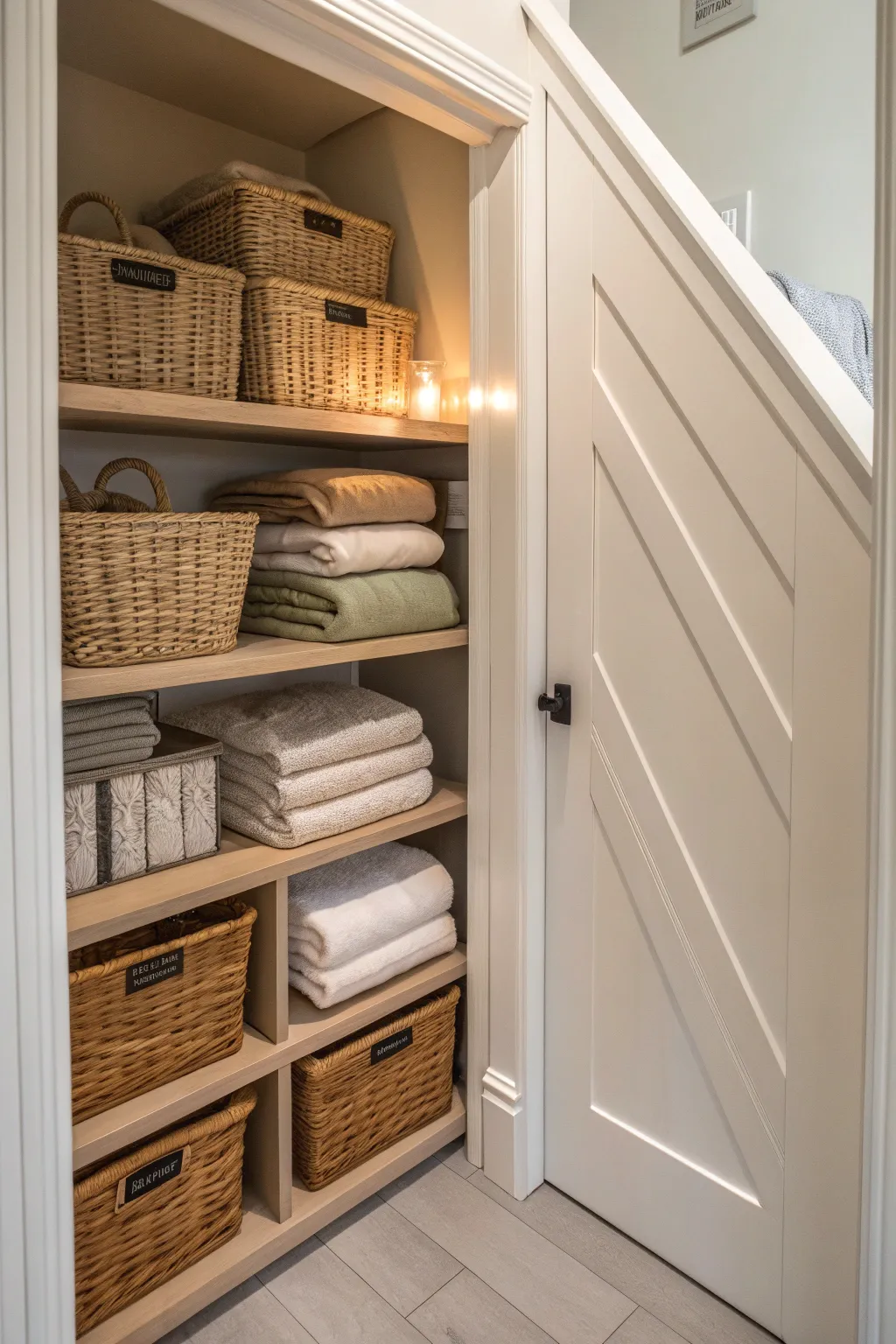 Keep linens tidy and accessible with a well-organized under-stair closet.