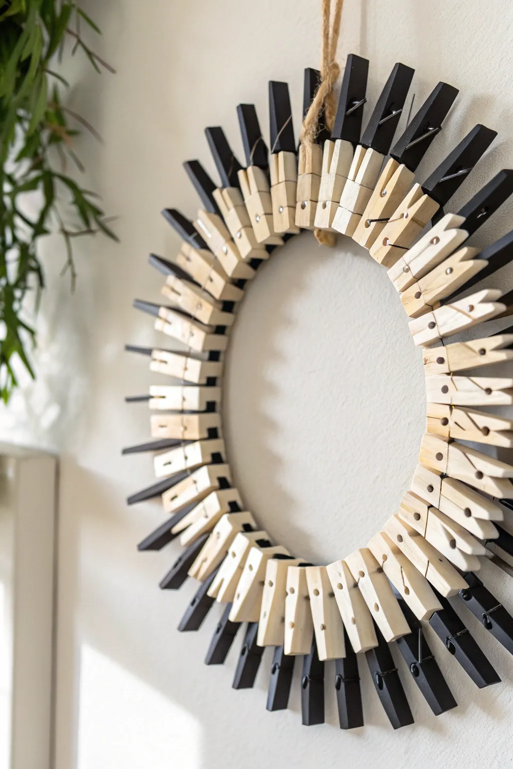 Simplicity meets elegance with this minimalist black and white clothespin wreath, a perfect blend of Scandinavian and boho styles.