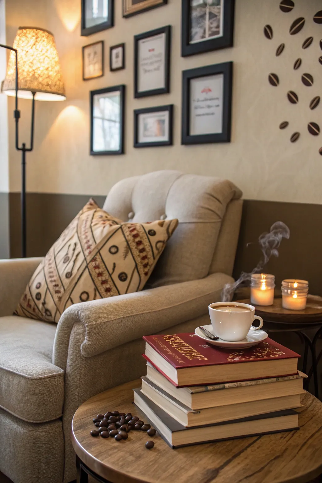 A cozy reading nook with coffee-themed decor and comfy cushions.