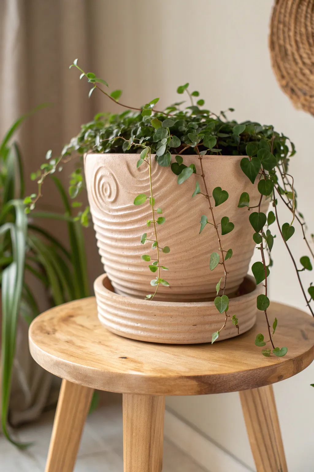 Elevate your green space with this chic coil planter and wooden stand, where minimalist design meets boho charm.