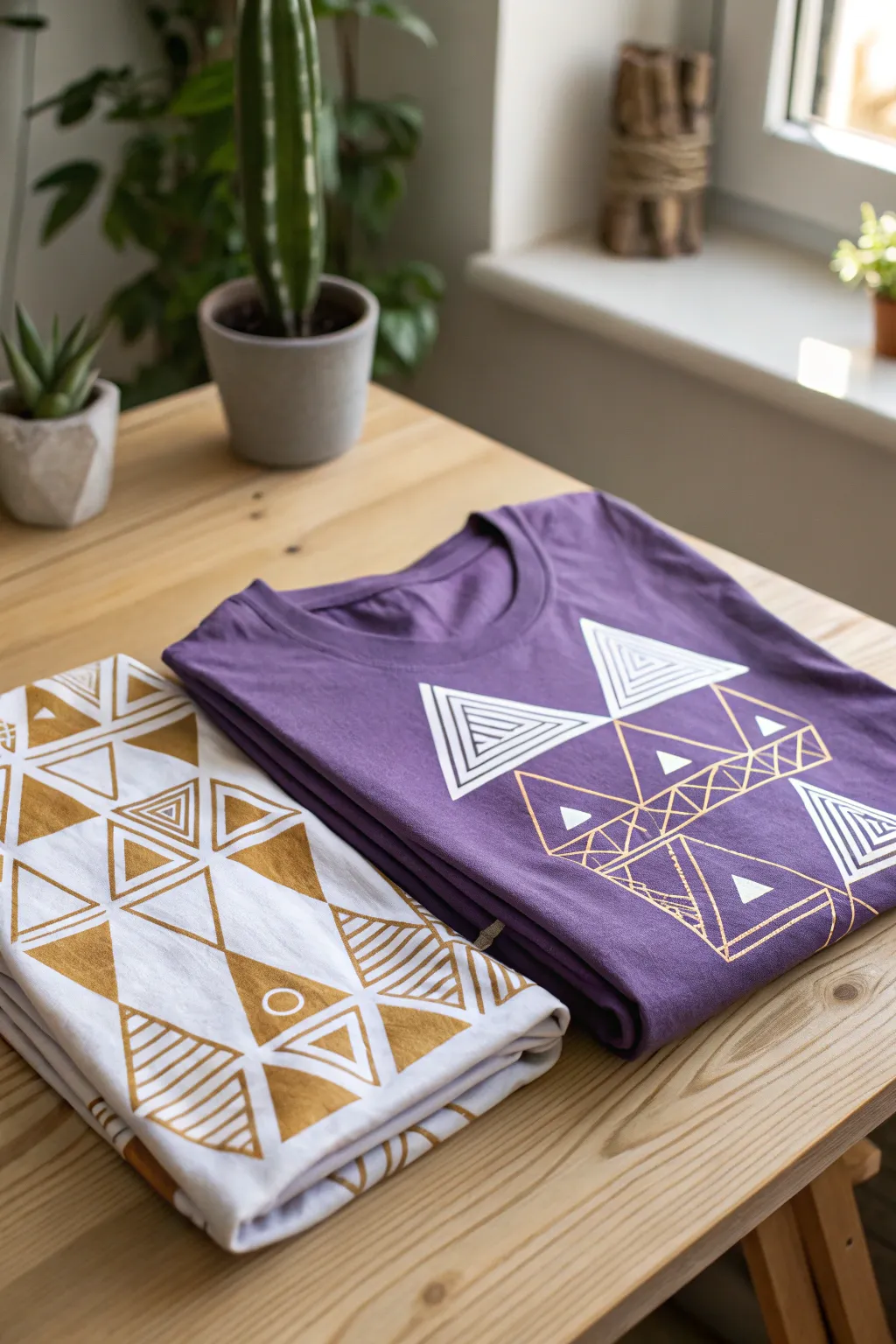 Elevate your wardrobe with geometric elegance: Discover the art of modern patterns on purple.