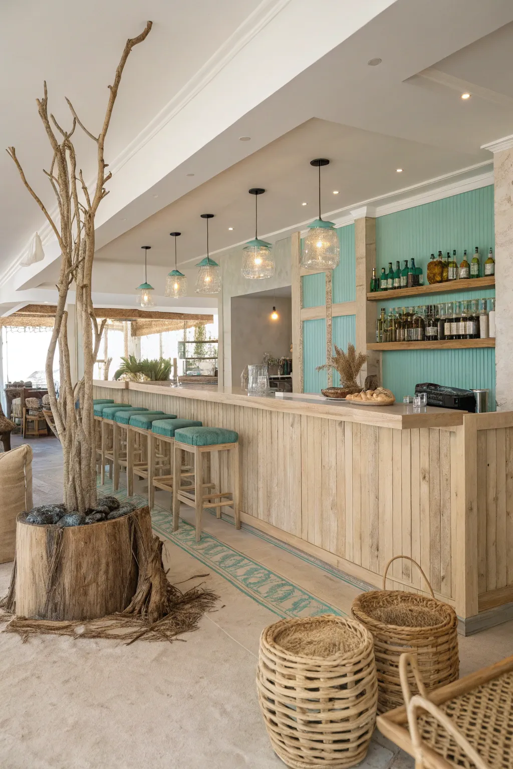 Create a vacation atmosphere with coastal relaxation vibes, using light colors and natural textures.