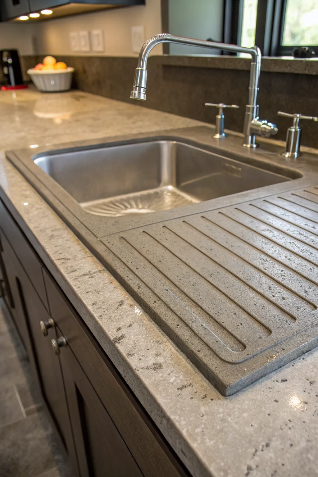 Elevate your kitchen with a seamless blend of style and utility: the artisan-crafted concrete countertop with integrated drainboard.