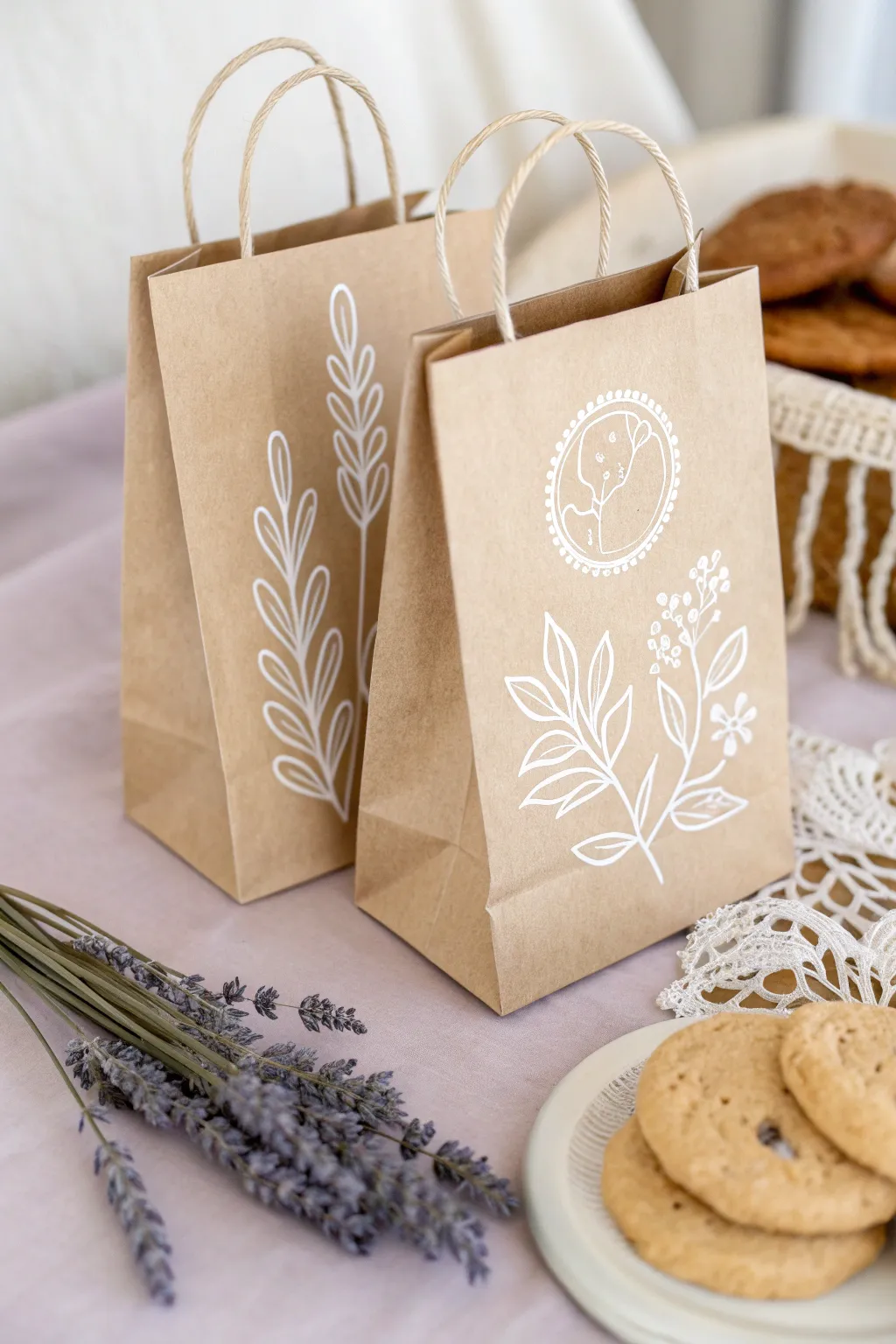 Add a personal touch to your cookie booth with custom, artisan-crafted cookie bags that blend Scandinavian simplicity with a boho flair.