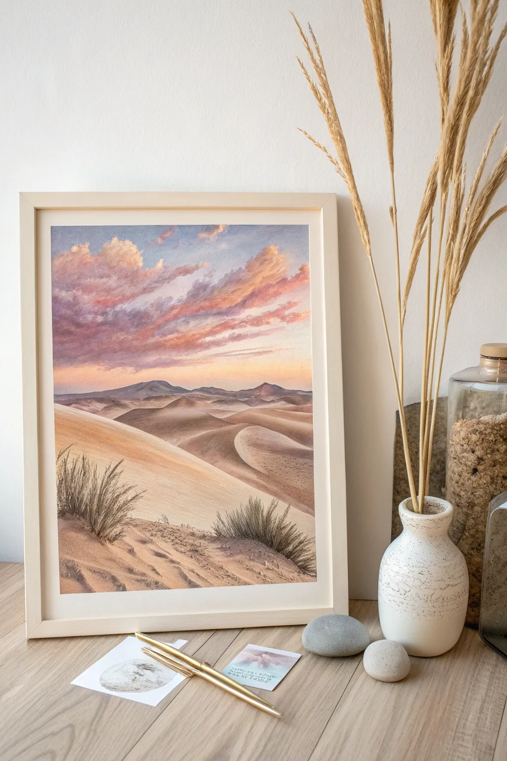 Embrace the serene beauty of the desert with this dreamy oil pastel creation, where simplicity meets elegance.