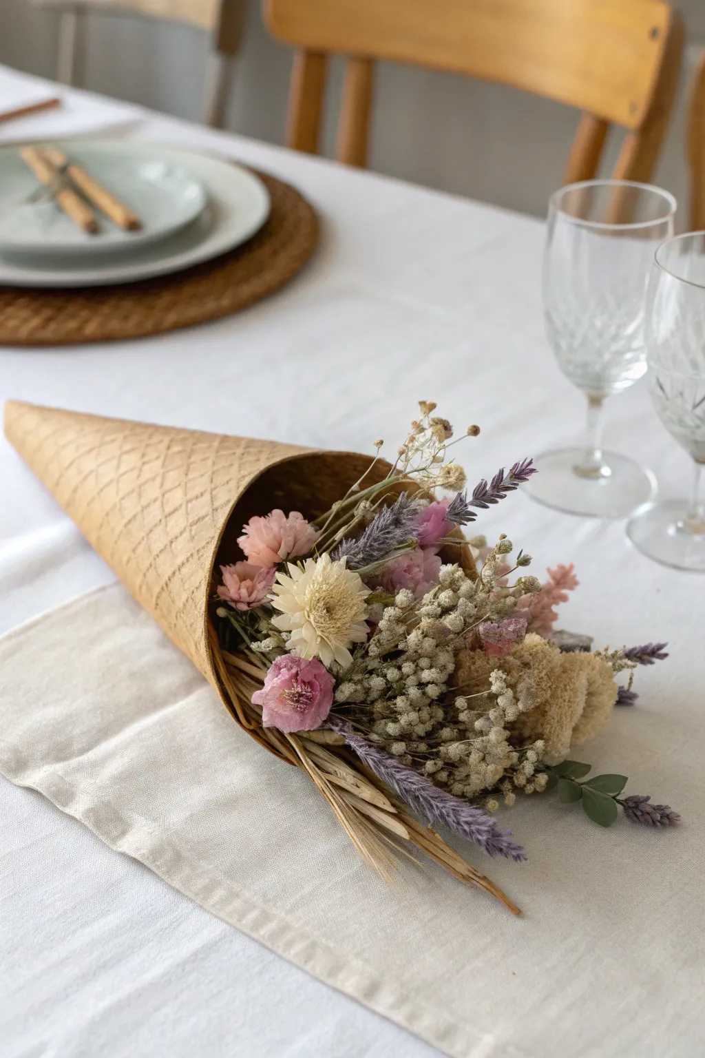 Elevate your Thanksgiving table with charming mini cornucopia place cards, a perfect blend of simplicity and natural beauty.