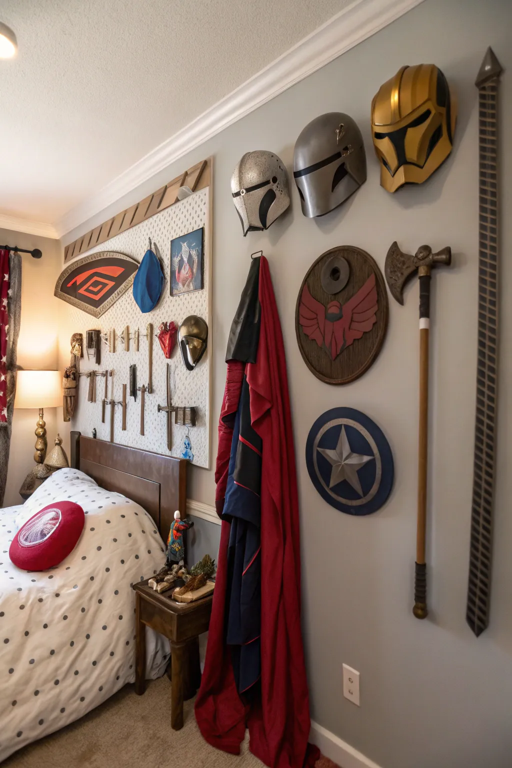 A DIY prop display adds a personal and creative touch to the bedroom.