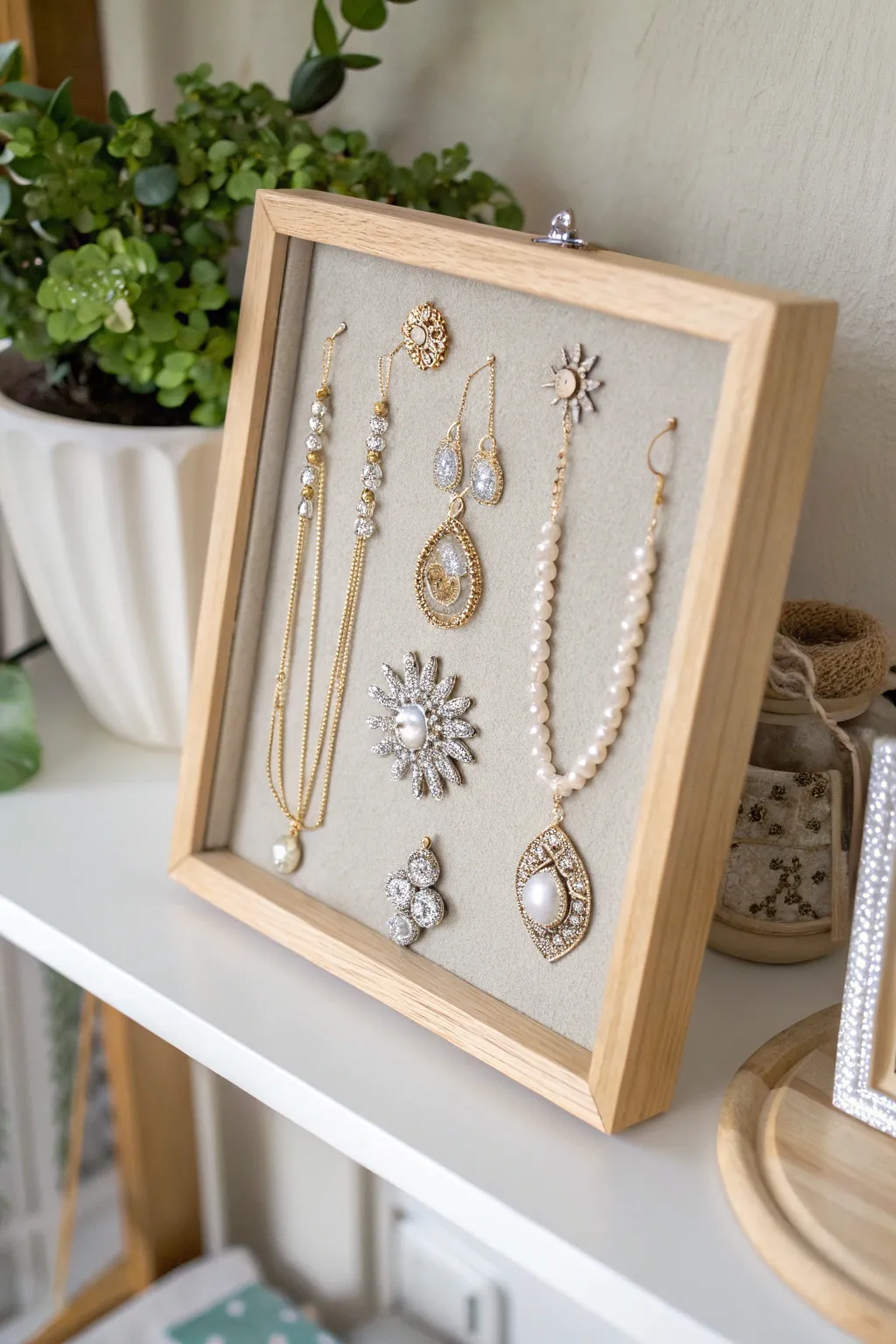 Preserve cherished memories with an elegant shadow box of treasured jewelry.