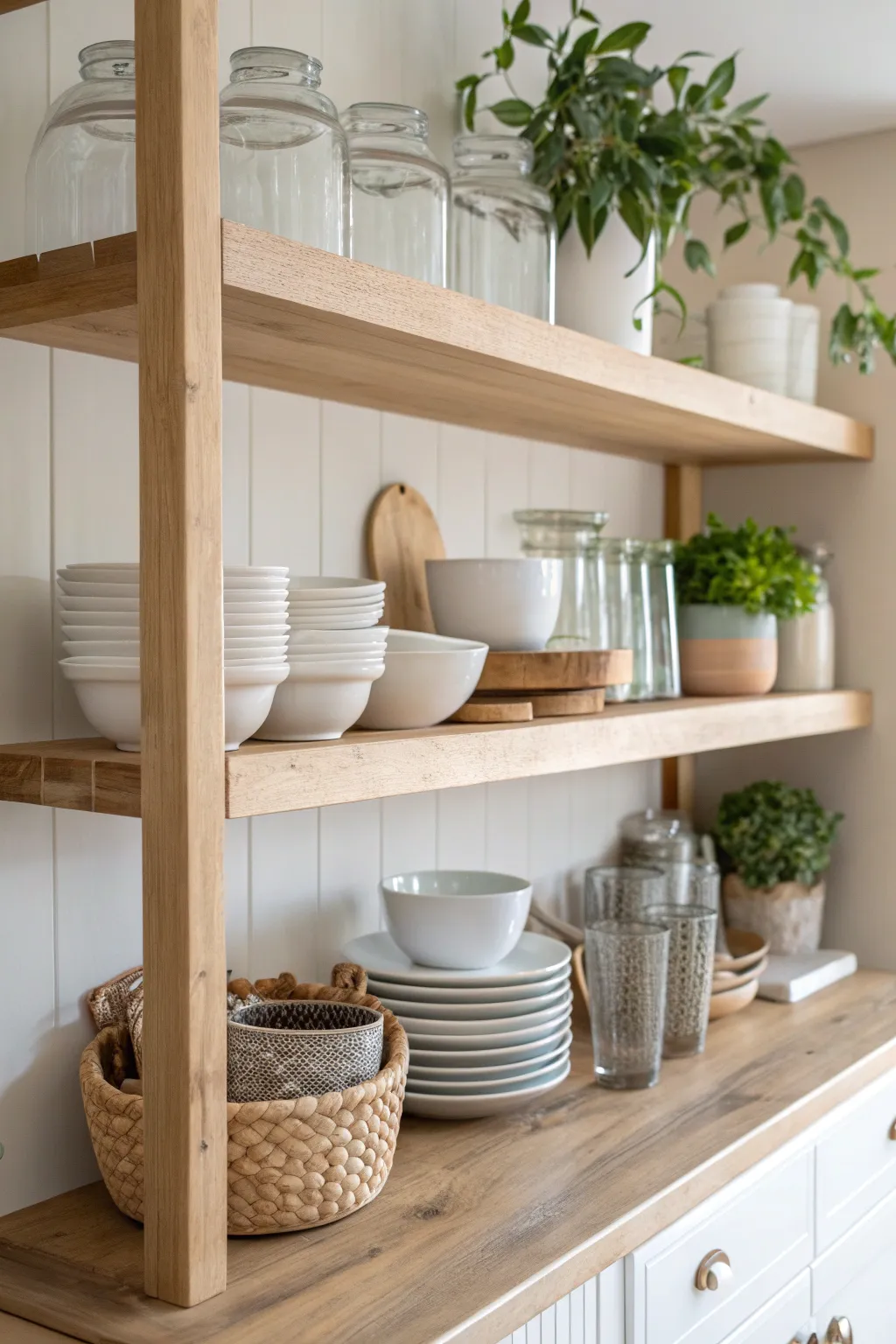 Elevate your kitchen with open shelves that blend Scandinavian simplicity with Boho charm.