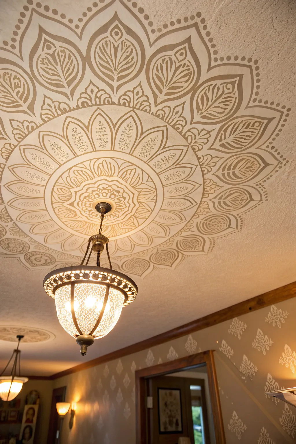 Transform your ceiling into a masterpiece with intricate mandala stencil designs.