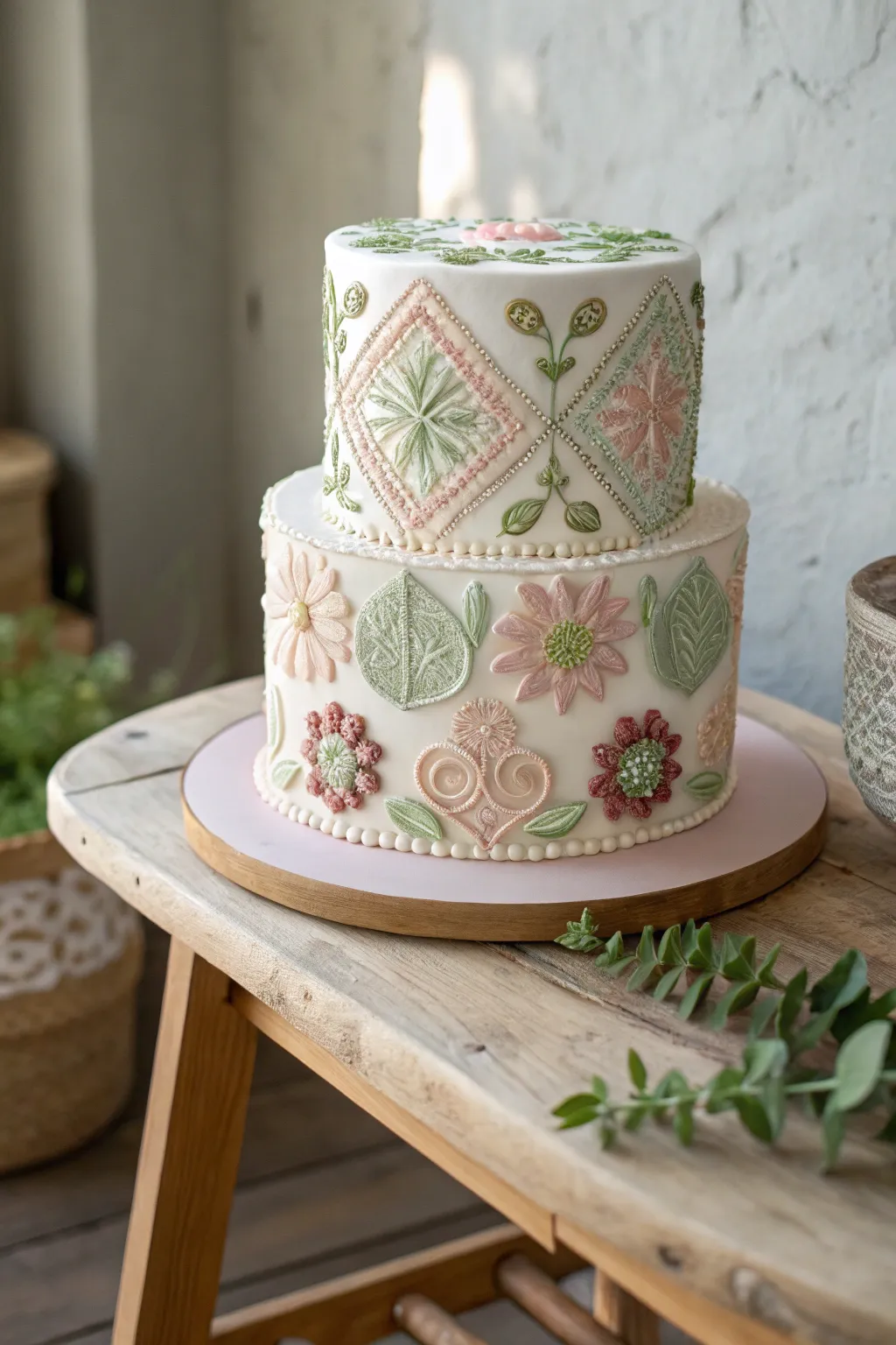 A masterpiece of edible art: delicate embroidery in icing form, perfect for minimalist celebrations.