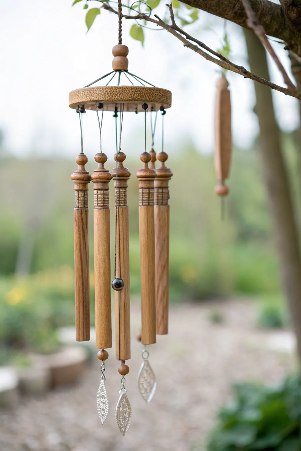 Embrace serenity with handcrafted spindle wind chimes that dance in the breeze.