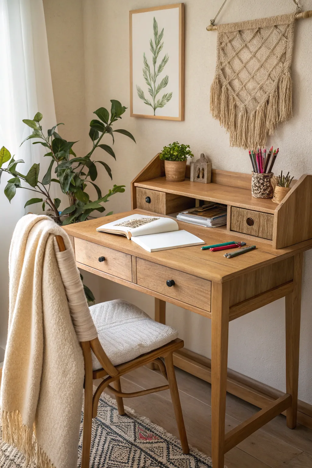 Transform a small corner into your serene craft nook—a perfect blend of Scandinavian minimalism and Boho charm.